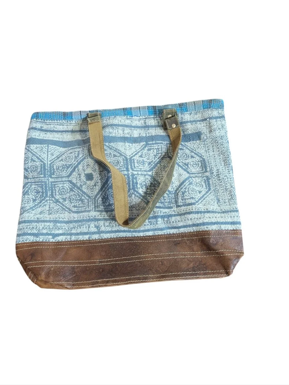 The Barrel Shack Handmade India Woven Tote Bag Leather Trim Boho Market Coastal